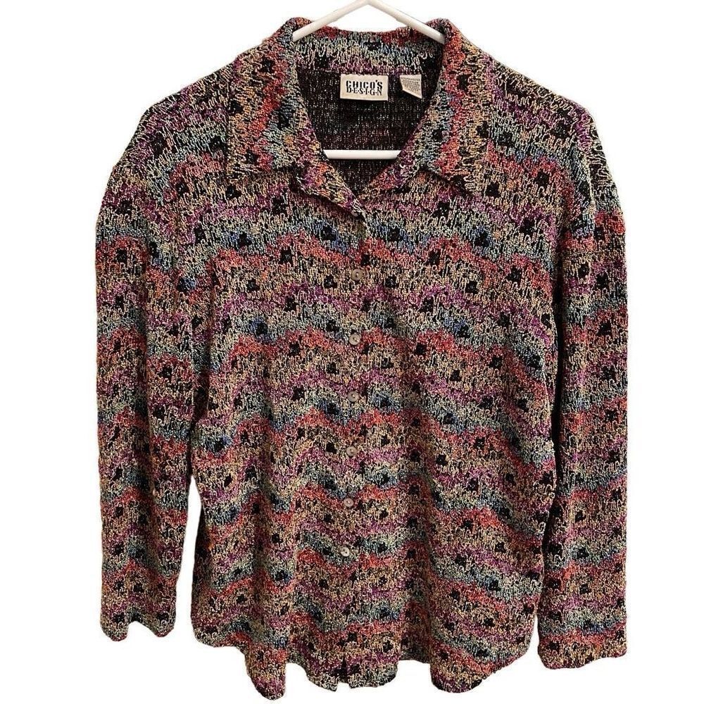 Vtg Chicos Design Button Up Womens 1 Knit Floral Flower Motif Eclectic Grandma